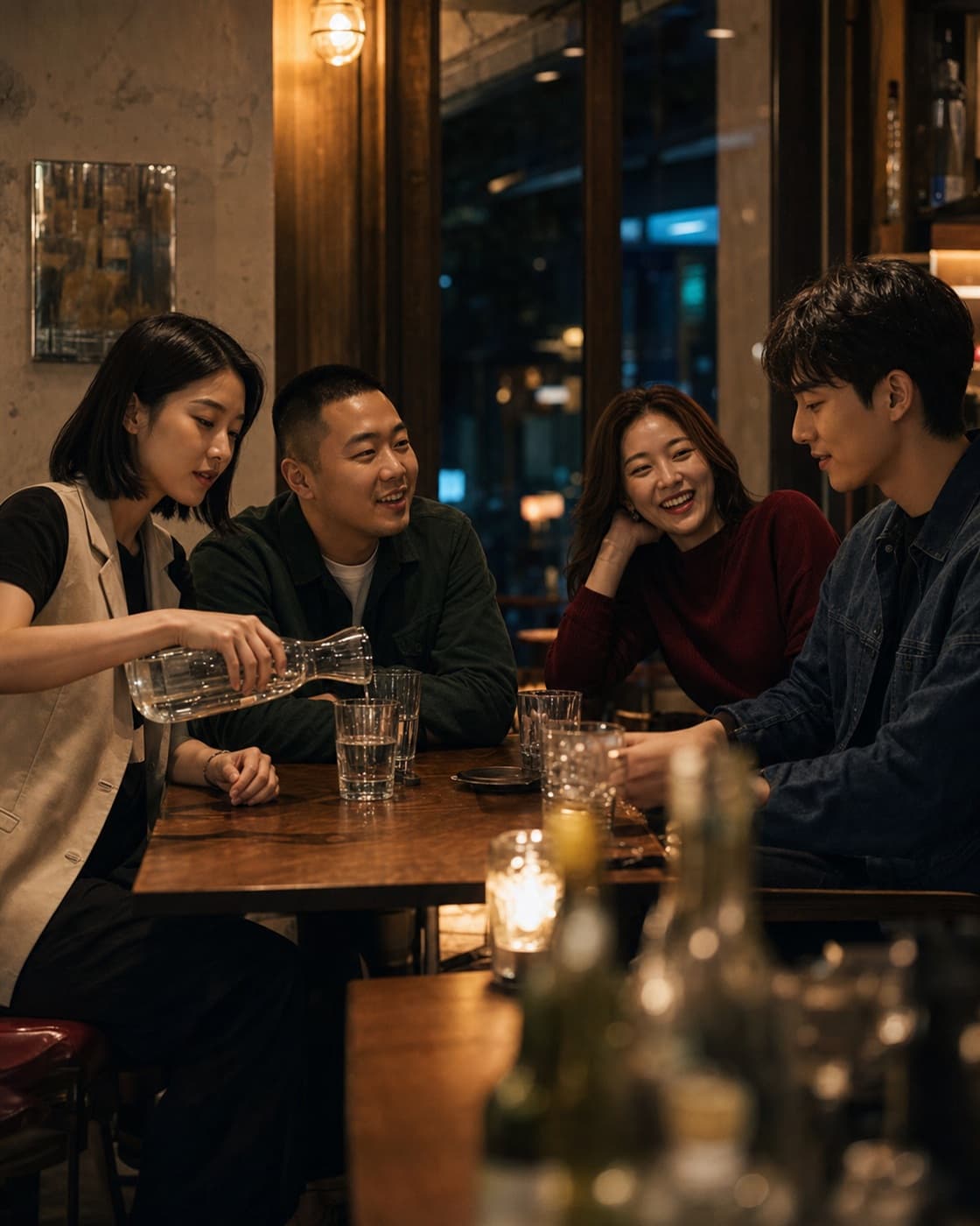 네 사람이 한 테이블에서 대화하는 합성 콘셉트 장면
