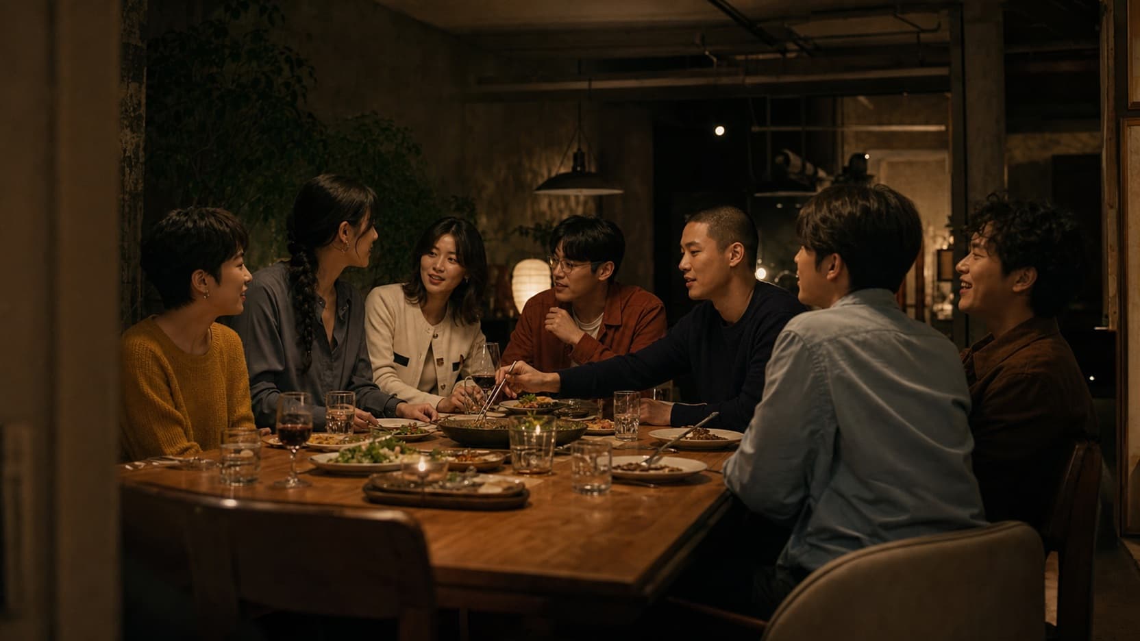 일곱 사람이 긴 테이블에서 대화하는 합성 콘셉트 장면